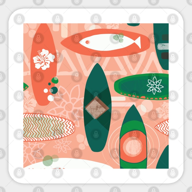 Surfboards pink orange coral green white on a peach background. Triangles hibiscus flowers fishes. Hawaiian print. Distressed look. Sticker by Sandra Hutter Designs